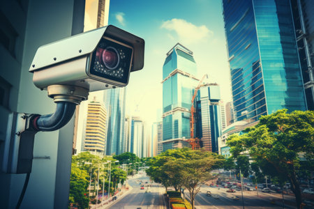 Close-up surveillance camera in urban cityscape for enhanced security monitoring.の素材