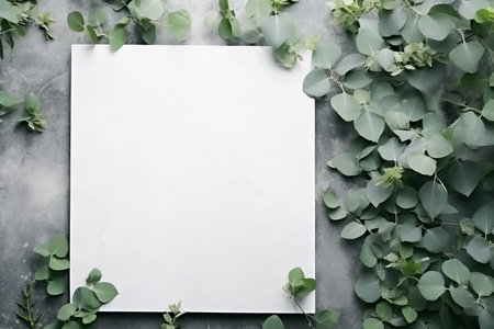 Eucalyptus branches on rough stone surface top view wedding invitation card mockup.の素材