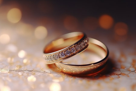 Golden wedding bands on glittery background, close-up shot for love symbol or marriage concepts.の素材