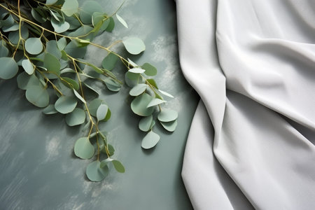 Eucalyptus branches on rough stone surface. top view for wedding invitation card mockupの写真素材