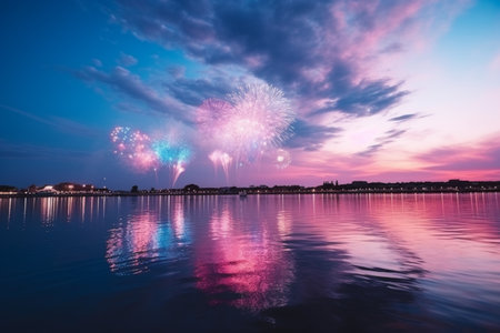 Vibrant night sky with dazzling fireworks. A festive spectacle of light and color.の素材