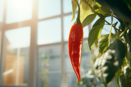 Close-up view of vibrant red chili pepper bathed in soft natural light in greenhouse setting.の素材