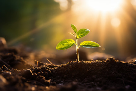Green seedling sprouting from rich soil, reaching for suns warm rays, embracing new beginnings.の素材