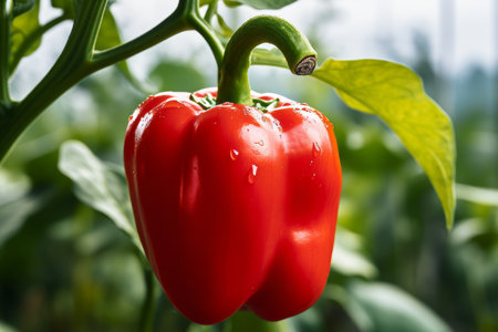 Close-up view of vibrant red chili pepper bathed in soft natural light in greenhouse setting.の素材