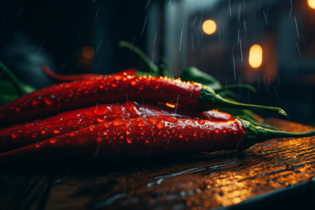 Close-up view of vibrant red chili pepper bathed in soft natural light in greenhouse setting.の素材
