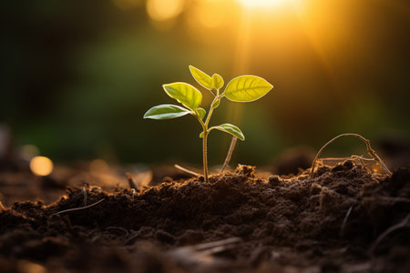 Green seedling sprouting from rich soil, reaching for suns warm rays, embracing new beginnings.の素材