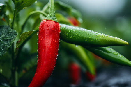 Close-up view of vibrant red chili pepper bathed in soft natural light in greenhouse setting.の素材