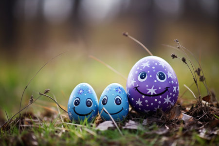 Easter bunny, pastel eggs, and copy space on grass easter holiday greeting card.の素材