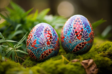 Colorful easter eggs and leaves on green backdrop with copyspace. spring holiday conceptの素材