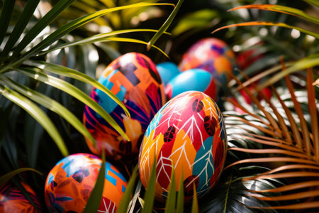Colorful easter eggs and leaves on green backdrop with copyspace. spring holiday conceptの素材