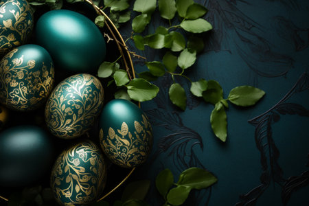 Colorful easter eggs and leaves on green backdrop with copyspace. spring holiday conceptの素材