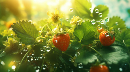 Ripe strawberries with water drops and leaves on table, abstract background with bright light.の素材