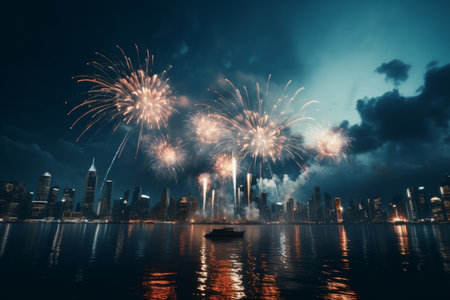 Captivating fireworks display painting the city skyline with vibrant bursts of light.の素材