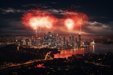 Captivating fireworks display painting the city skyline with vibrant bursts of light.の素材