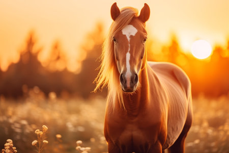 . title. majestic horse in a golden wheat field at sunset, radiating magicの素材