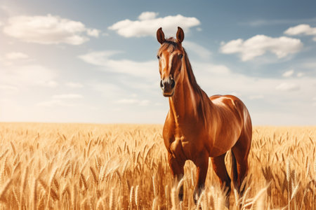 . title. majestic horse in a golden wheat field at sunset, radiating magicの素材