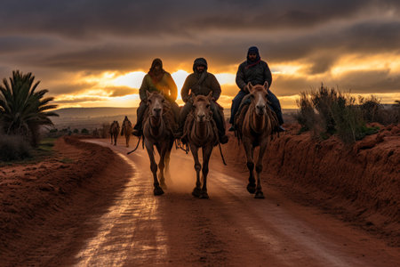 Embark on an epic journey. tourists hiking and riding camels amidst breathtaking scenic backdrops.の素材