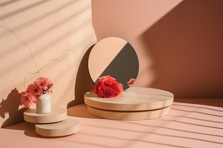 Minimal podium stand for summer fashion. elegant display with green plant shadow.の素材