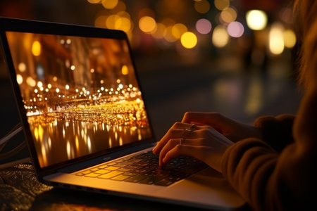 woman typing on laptop keyboard, conducting web search for data and information explorationの素材