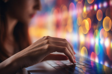 woman typing on laptop keyboard, conducting web search for data and information explorationの素材