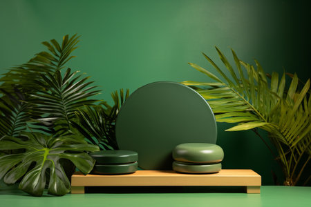 Minimal podium stand for summer fashion. elegant display with green plant shadow.の素材