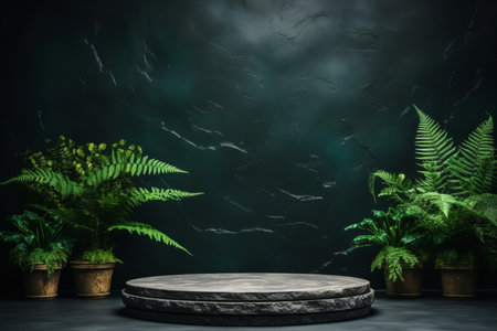 Minimal podium stand for summer fashion. elegant display with green plant shadow.の素材