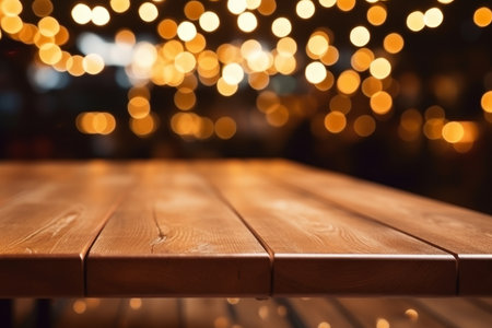 Empty wood table with blurred bokeh light background for product display or social media marketing.の素材
