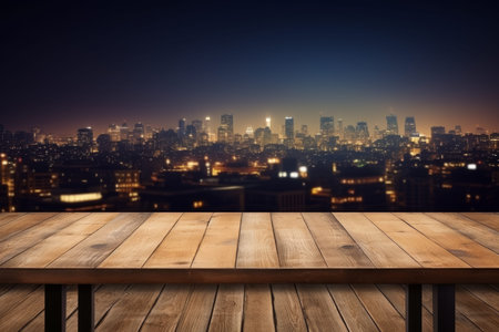 Empty wood table with blurred bokeh light background for product display or social media marketing.の素材