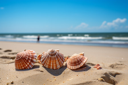 Seashore scene with shells on the sandy beach. seashore scene with shells on the sandy beach.の素材
