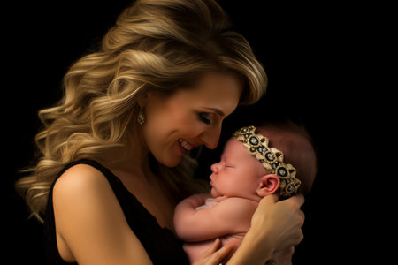 Mother holding newborn baby in her arms close-up on dark backgroundの素材