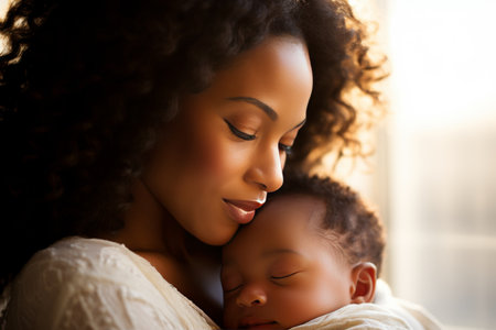 mother tenderly holding her newborn in her arms in the nurseryの素材