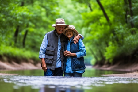 Smiling man and woman engaging in outdoor sports, tourism and travelの素材