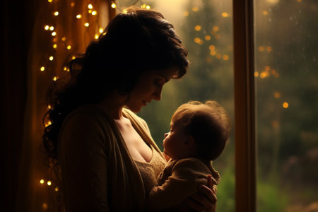 mother tenderly holding her newborn in her arms in the nurseryの素材