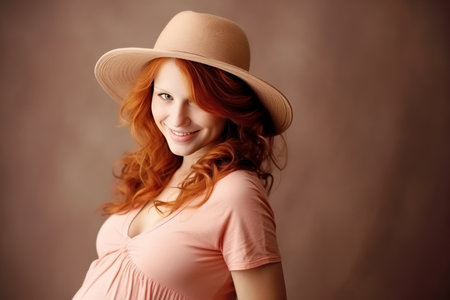 Happy pregnant woman smiling standing on bright background with copy space for text.の素材