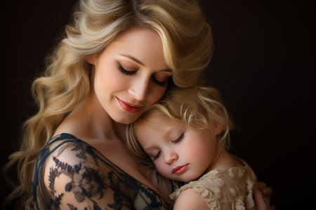 Mother holding newborn baby in her arms close-up on dark backgroundの素材