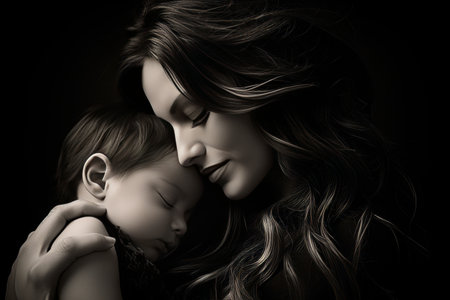 Mother holding newborn baby in her arms close-up on dark backgroundの素材