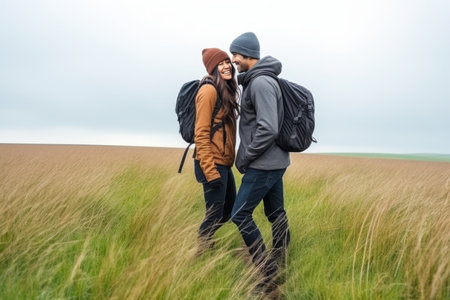 Smiling man and woman engaging in outdoor sports, tourism and travelの素材