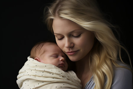 mother tenderly holding her newborn in her arms in the nurseryの素材