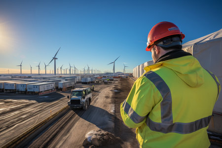 Professional engineer inspects turbine winds using digital tablet and safety gear.の素材