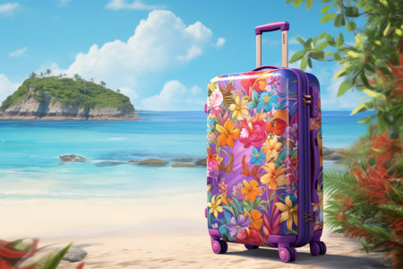 Modern suitcase with wheels on beach, travel and adventure design with space for text.の素材