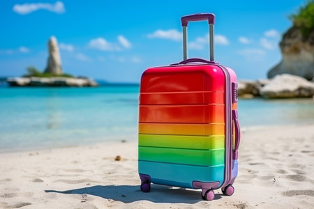 Modern suitcase with wheels on beach, travel and adventure design with space for text.の素材