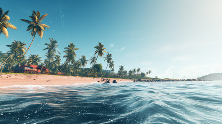 Tropical beach with palm trees and calm lagoon, vacation, tourism and travel conceptの素材