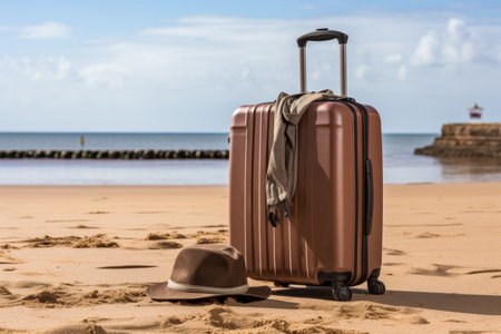 Modern suitcase with wheels on beach, travel and adventure design with space for text.の素材