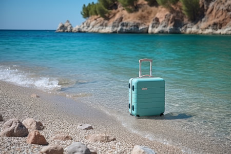 Modern suitcase with wheels on beach, travel and adventure design with space for text.の素材