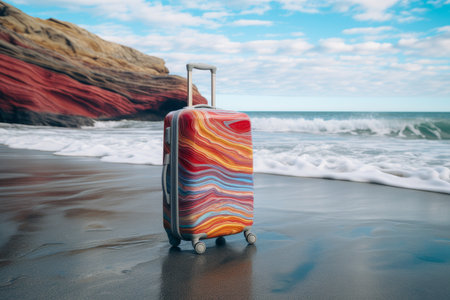 Modern suitcase with wheels on beach, travel and adventure design with space for text.の素材