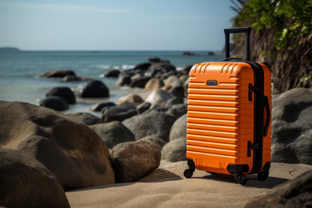 Modern suitcase with wheels on beach, travel and adventure design with space for text.の素材