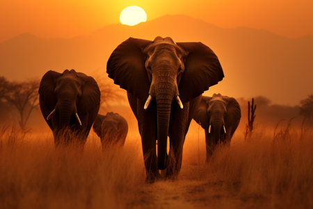 A group of majestic elephants walking across a golden sunset-lit dry grass field.の素材