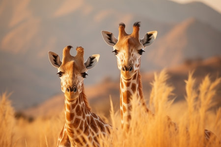 Pair of elegant giraffes standing gracefully in scenic savannah landscape on a sunny day.の素材