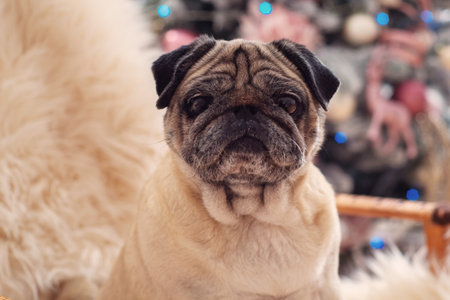 Cute dog bulldog at Christmas near the Christmas treeの写真素材