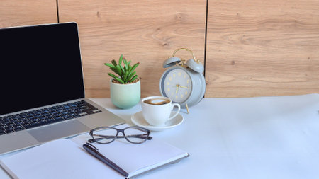 design of workplace in home office with modern equipment and objectsの写真素材